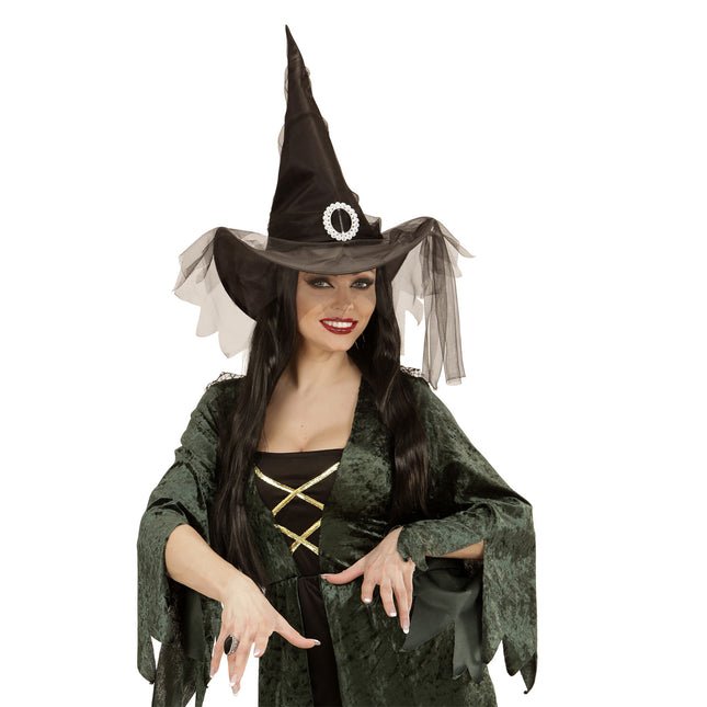 Cappello da strega di Halloween nero con tulle
