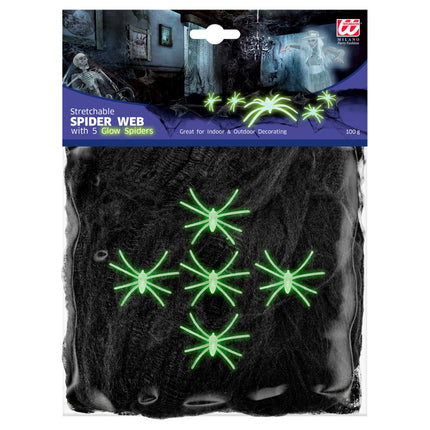 Ragnatela di Halloween nera con 5 ragni 100gr