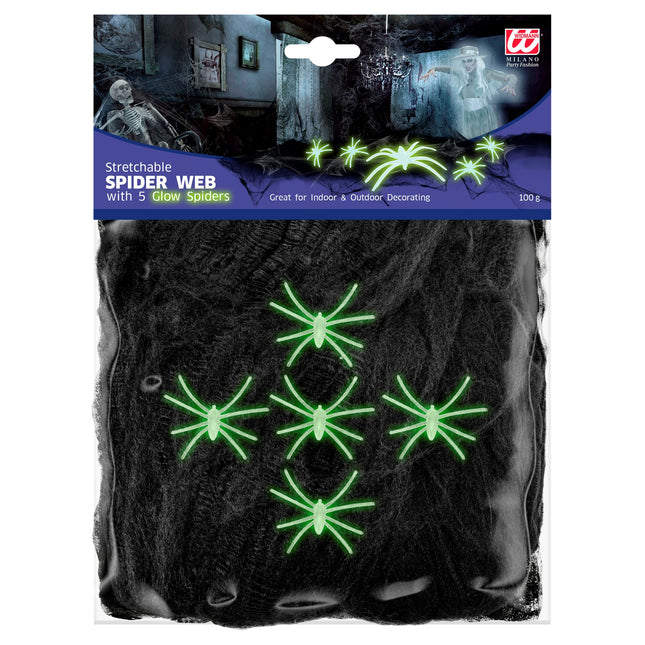 Ragnatela di Halloween nera con 5 ragni 100gr