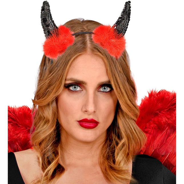 Cerchietto di Halloween con corna da diavolo rosse e nere