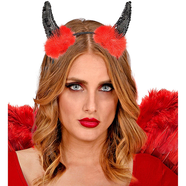 Cerchietto di Halloween con corna da diavolo rosse e nere