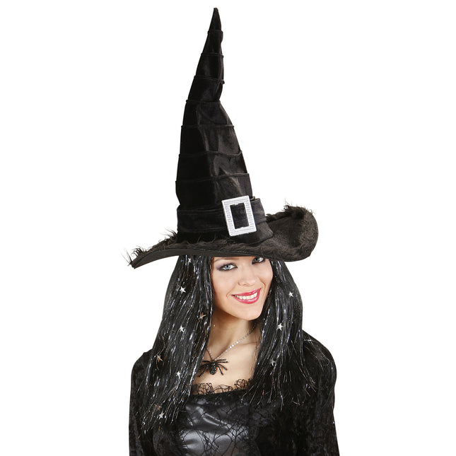 Cappello da strega di Halloween nero con fibbia