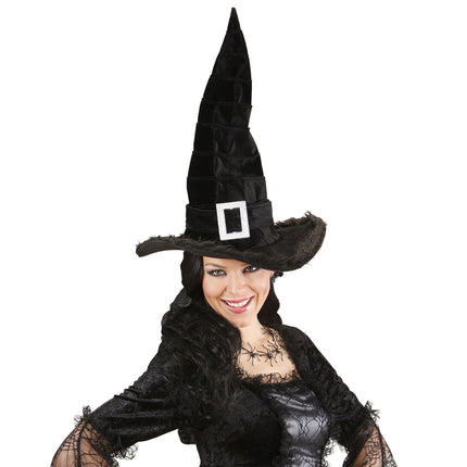 Cappello da strega di Halloween nero con fibbia