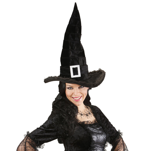 Cappello da strega di Halloween nero con fibbia