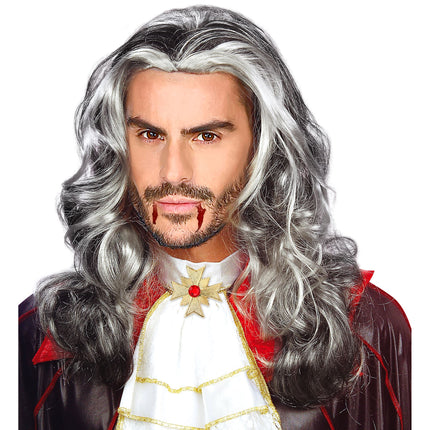 Parrucca di Halloween da uomo grigia lunga da vampiro