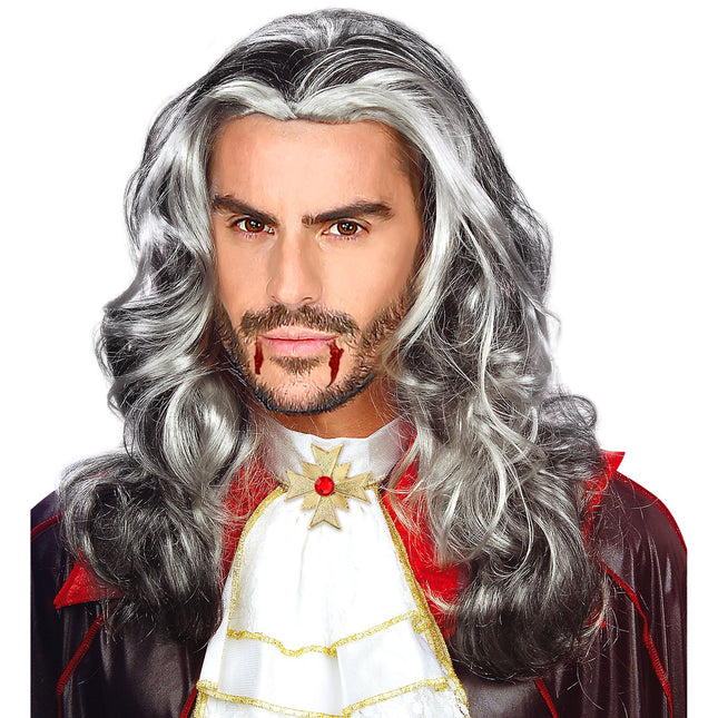 Parrucca di Halloween da uomo grigia lunga da vampiro
