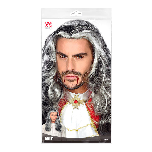 Parrucca di Halloween da uomo grigia lunga da vampiro