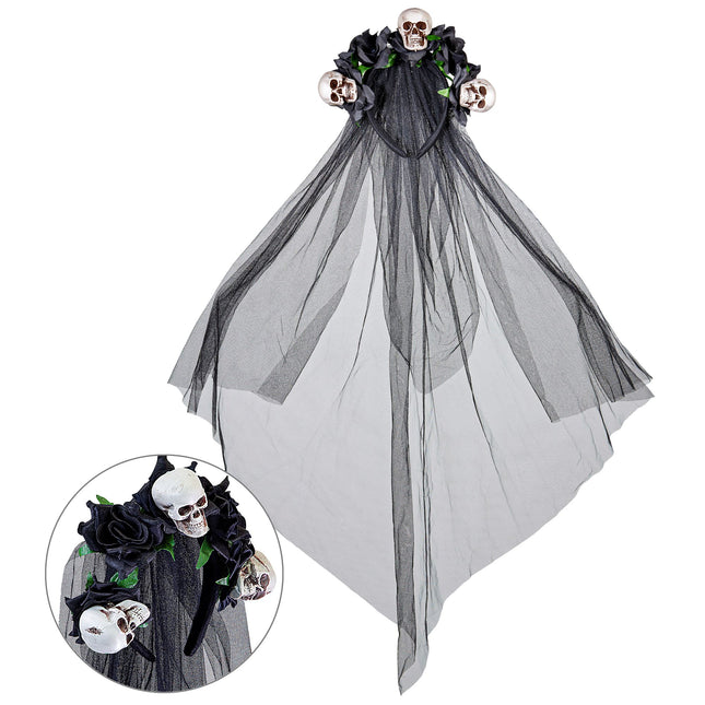 Cerchietto Halloween Velo da Sposa Teschio e Rosa