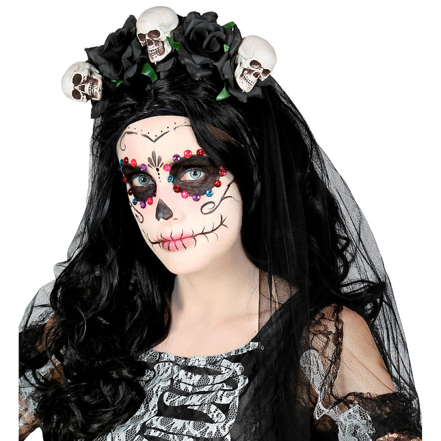 Cerchietto Halloween Velo da Sposa Teschio e Rosa