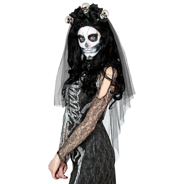 Cerchietto Halloween Velo da Sposa Teschio e Rosa