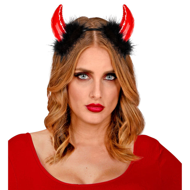 Cerchietto per capelli Halloween Diavolo nero rosso con piume