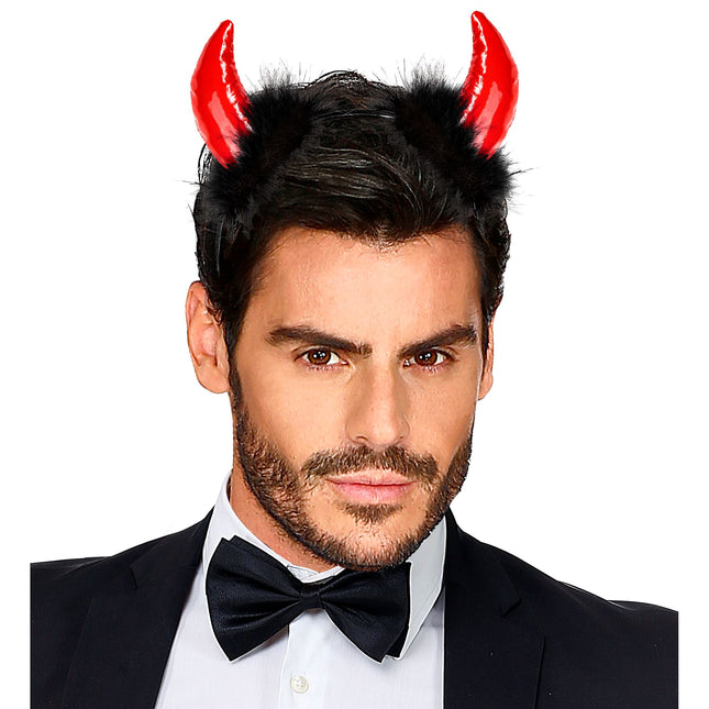 Cerchietto per capelli Halloween Diavolo nero rosso con piume