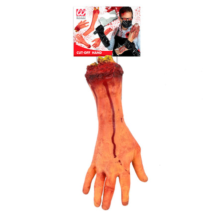 Mano finta di Halloween tagliata con un osso