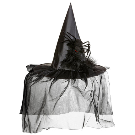 Cappello da strega di Halloween con velo e ragno