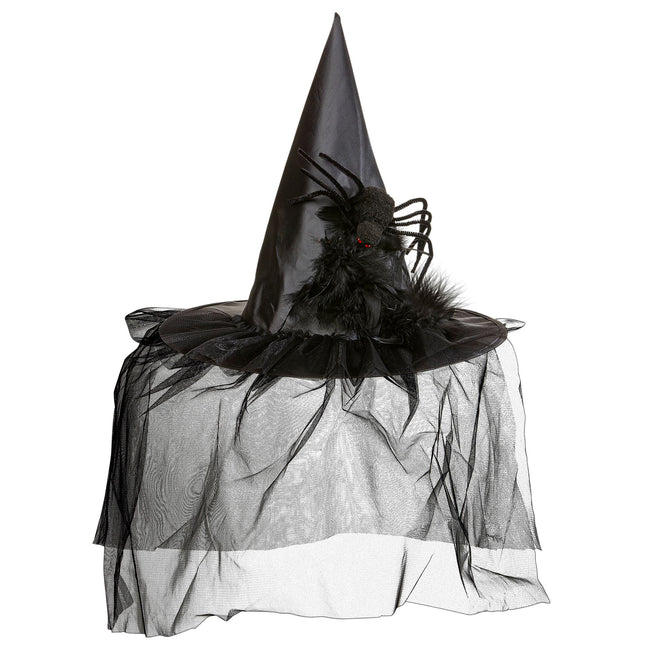 Cappello da strega di Halloween con velo e ragno