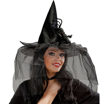 Cappello da strega di Halloween con velo e ragno