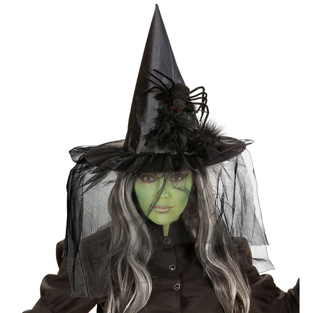Cappello da strega di Halloween con velo e ragno