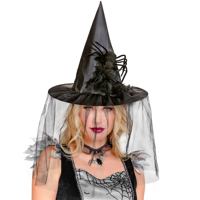 Cappello da strega di Halloween con velo e ragno