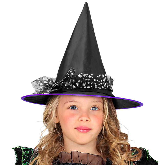 Cappello da strega di Halloween Nero Argento Stelle