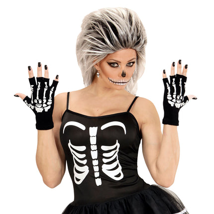 Guanti di Halloween Nero Bianco Scheletro senza dita