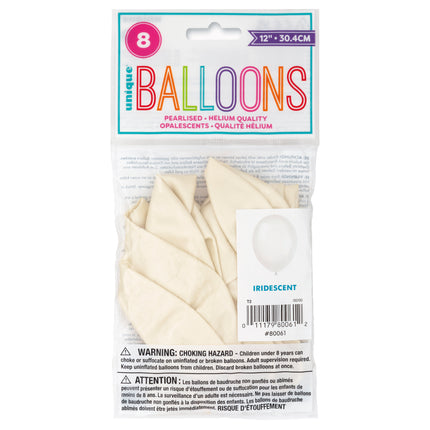 12" Palloncini perlati Premium, 8ct - Bianco iridescente
