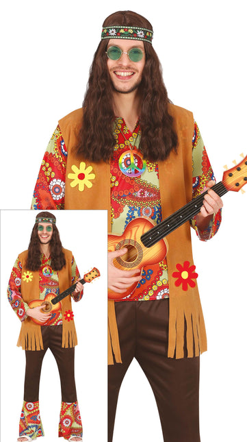 Costume Hippie 60S da uomo colorato con gilet marrone