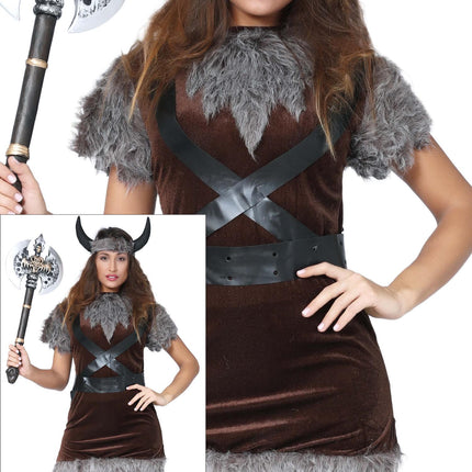 Costume da vichingo marrone grigio da donna
