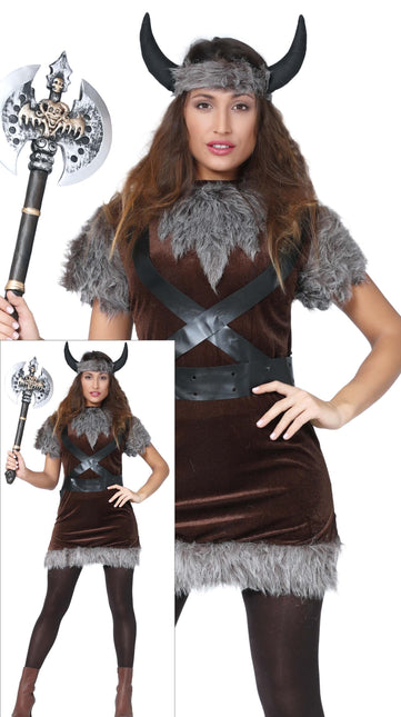 Costume da vichingo marrone grigio da donna