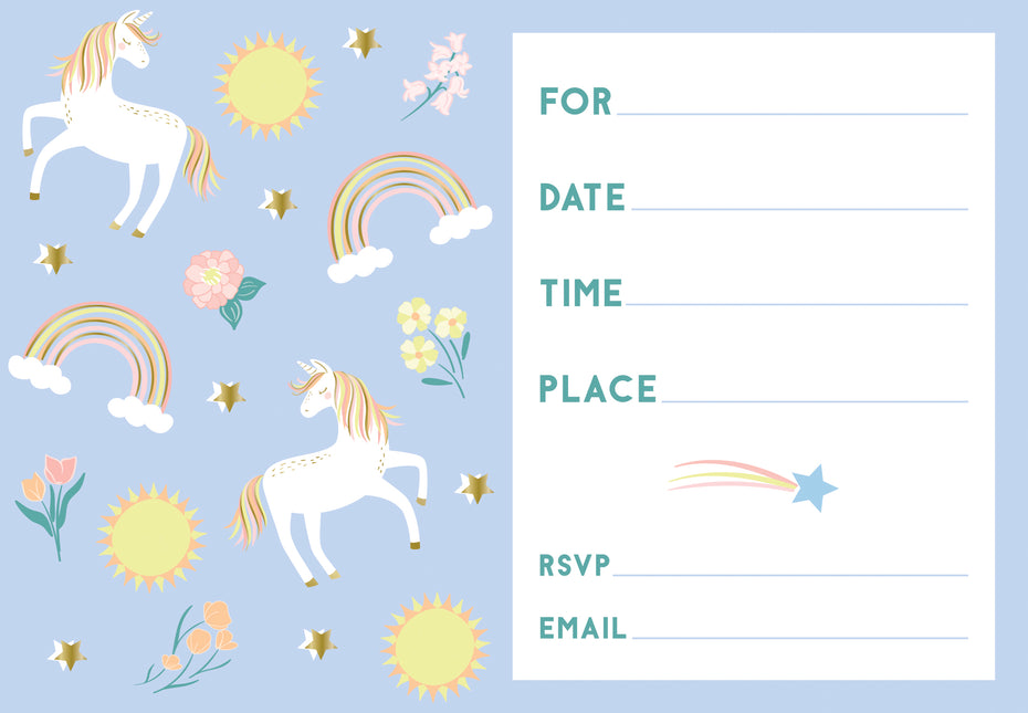Inviti Unicorno Blu/Oro 8 pezzi