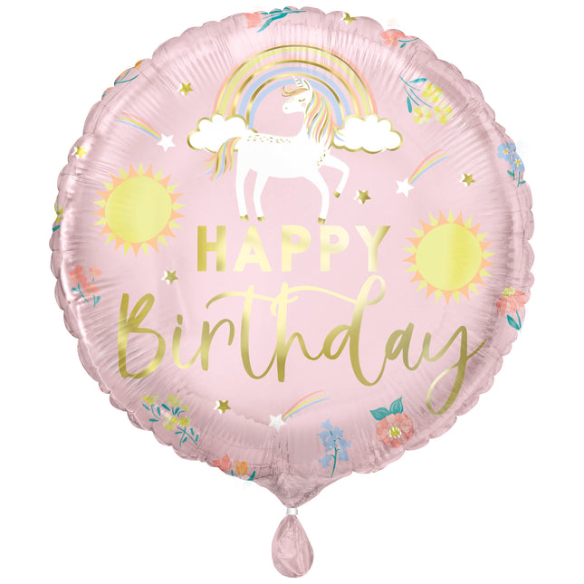 Palloncino in foil rotondo 18" Dainty Unicorn "Happy Birthday", confezionato