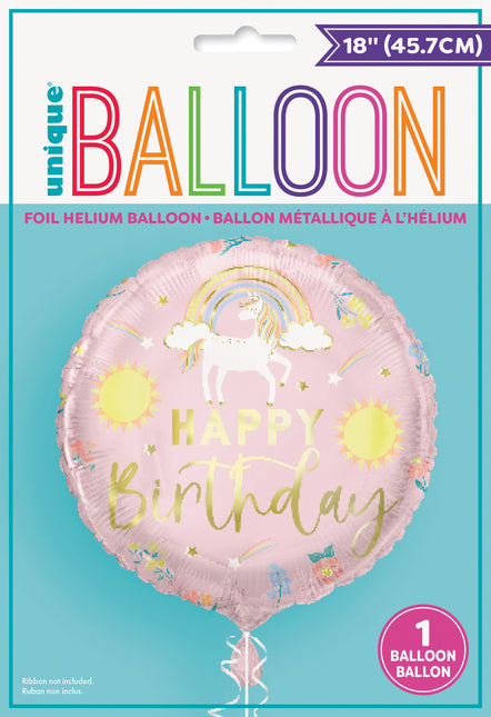 Palloncino in foil rotondo 18" Dainty Unicorn "Happy Birthday", confezionato