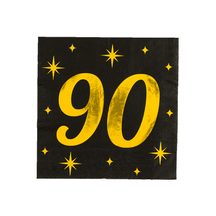 90 Jaar Servetten Zwart Goud 19cm 16st - Partywinkel - 8716764238321