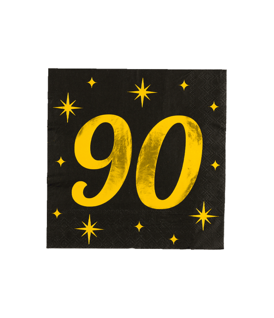90 Jaar Servetten Zwart Goud 19cm 16st - Partywinkel - 8716764238321