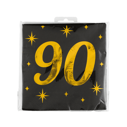 90 Jaar Servetten Zwart Goud 19cm 16st - Partywinkel - 8716764238321