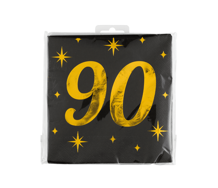 90 Jaar Servetten Zwart Goud 19cm 16st - Partywinkel - 8716764238321