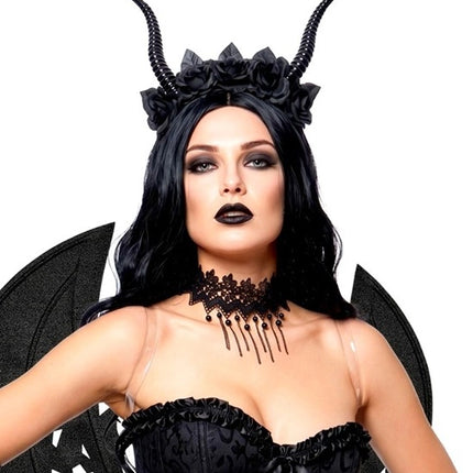 Fascia per capelli di Halloween nera con fiore a forma di diavoletto