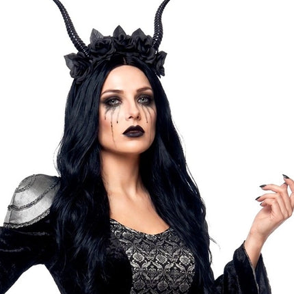 Fascia per capelli di Halloween nera con fiore a forma di diavoletto