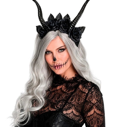 Fascia per capelli di Halloween nera con fiore a forma di diavoletto