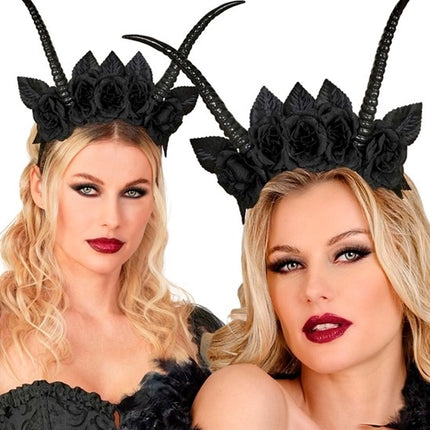 Fascia per capelli di Halloween nera con fiore a forma di diavoletto