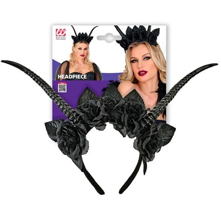 Fascia per capelli di Halloween nera con fiore a forma di diavoletto