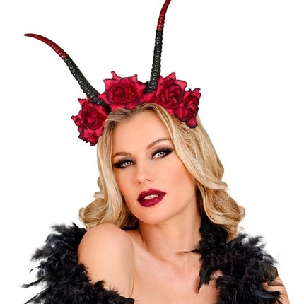 Fascia per capelli di Halloween nera e rossa con fiore a forma di diavoletto