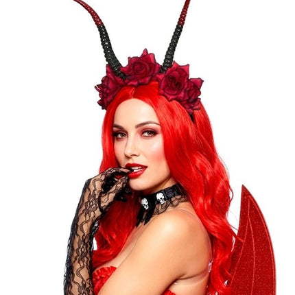 Fascia per capelli di Halloween nera e rossa con fiore a forma di diavoletto