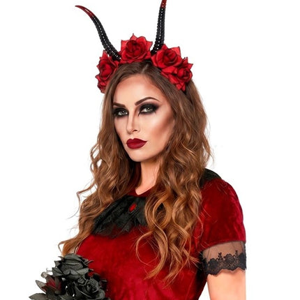 Fascia per capelli di Halloween nera e rossa con fiore a forma di diavoletto