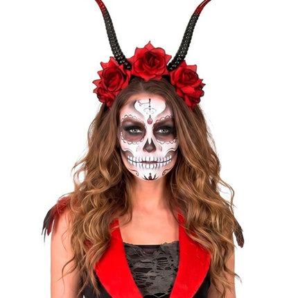 Fascia per capelli di Halloween nera e rossa con fiore a forma di diavoletto