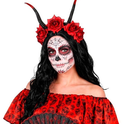 Fascia per capelli di Halloween nera e rossa con fiore a forma di diavoletto