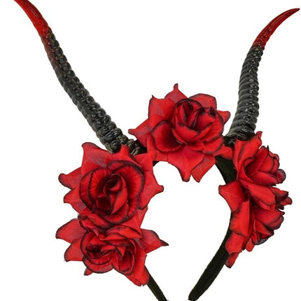 Fascia per capelli di Halloween nera e rossa con fiore a forma di diavoletto