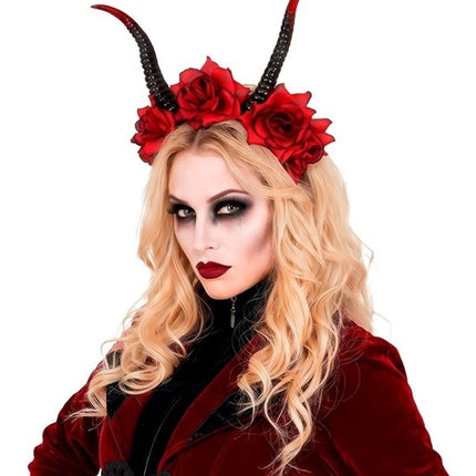 Fascia per capelli di Halloween nera e rossa con fiore a forma di diavoletto