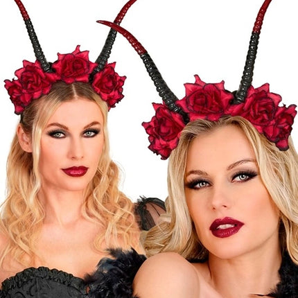Fascia per capelli di Halloween nera e rossa con fiore a forma di diavoletto