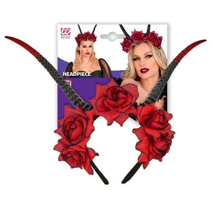Fascia per capelli di Halloween nera e rossa con fiore a forma di diavoletto