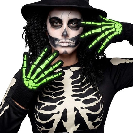 Guanti di Halloween neri e bianchi con scheletro, che si illuminano al buio